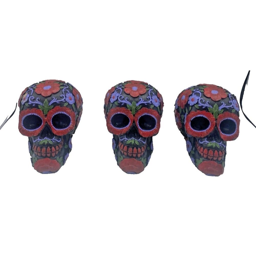 Lot of 3 Pacific Trading Sugar Skull Figurines Day of the Dead Black Floral DOD
